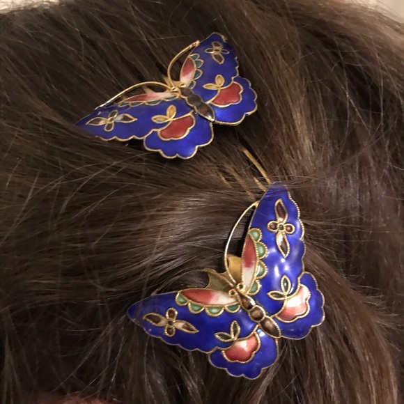 80s Vintage Butterfly Enamel Cobalt Blue Combs - Picture 2 of 6